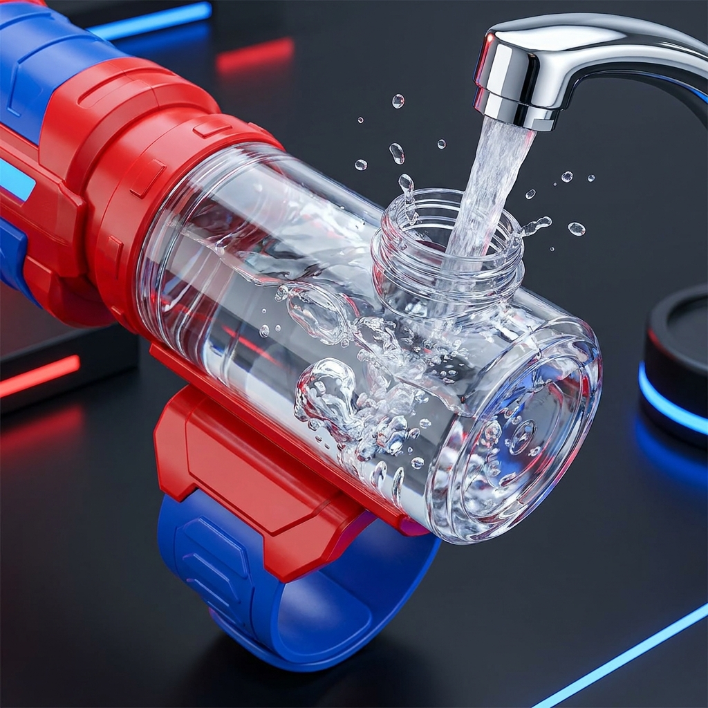 Transparenter Wassertank wird am Wasserhahn gefüllt