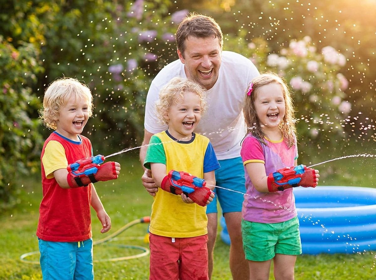 Familie beim Wasserkampf im Garten