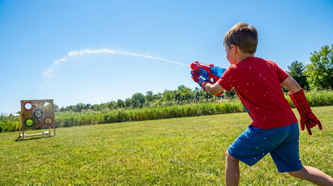 Junge feuert einen weiten Wasserstrahl über den Rasen